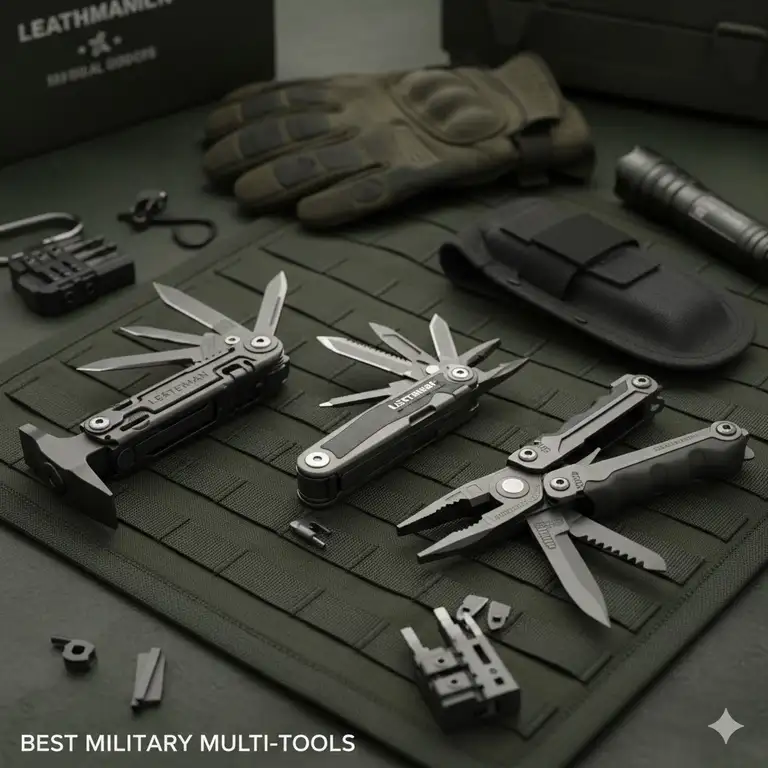 A comparison of the best multitool for military use, including models from Leatherman and Gerber, laid out on a tactical mat.