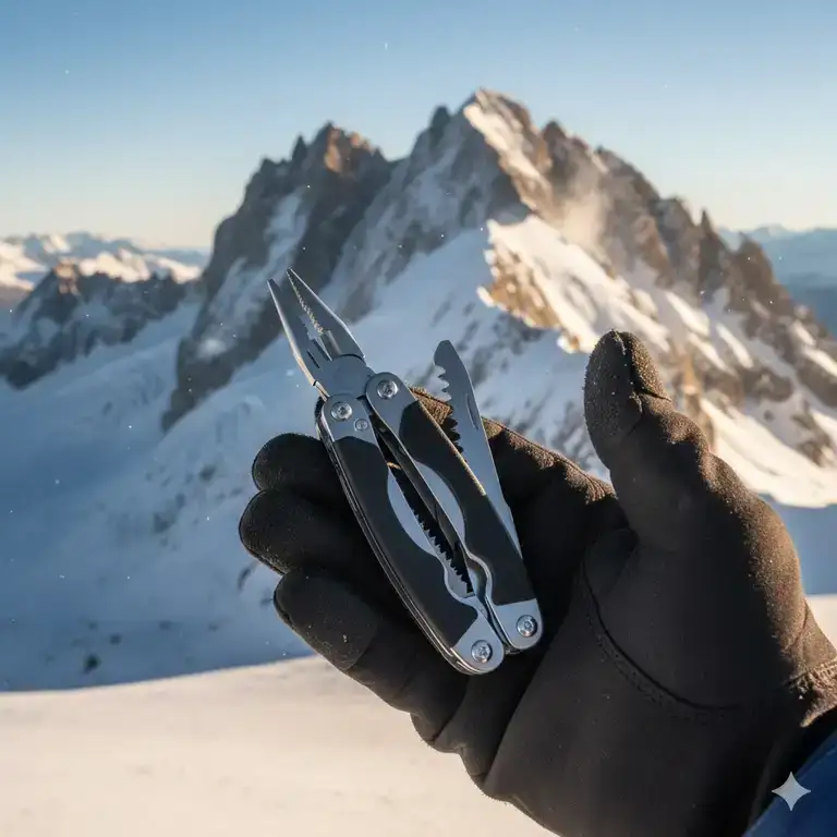 A high-quality photo of the multipurpose tool for a mountaineer being held over a snowy alpine landscape, emphasizing its compact size and essential function for backcountry safety and emergency repairs.