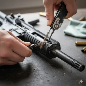 A high-quality best gun multi tool being used to clean the bolt carrier group of an AR-15 rifle.