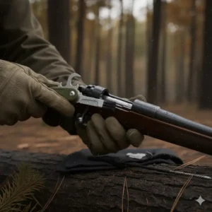Hunter using a premium best hunting multi tool's pick and brush to clean the barrel and action of a hunting rifle in the field.