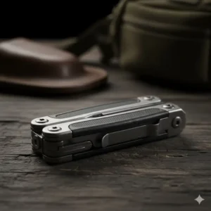 Close-up of a compact, durable military multi tool in its closed and secured state.