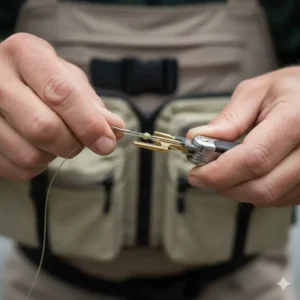 Close-up of an angler using the integrated knot-tying tool on the fly fishing multi tool to secure a leader knot.