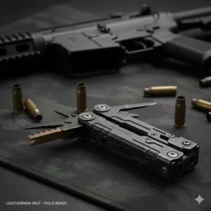 Close-up of the Leatherman MUT, a heavy-duty tactical multitool often cited as the best multitool for military firearm maintenance.