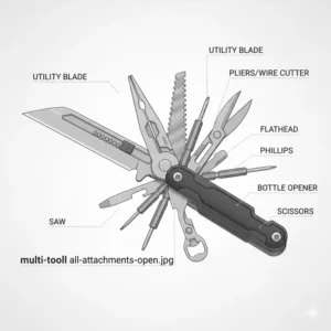 All tools, including the multi tool with a utility blade, pliers, screwdriver, and saw, fully opened on a rugged multi-tool for comparison.