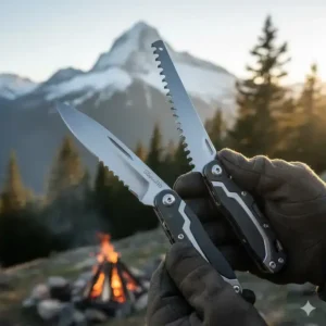 Close-up of a multipurpose tool for a mountaineer with the knife and saw blades extended, essential for cutting cordage, kindling, or making emergency repairs on the trail.