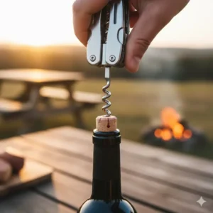 Close-up of a hand using the corkscrew function of the multi tool with wine opener to uncork a bottle of red wine.