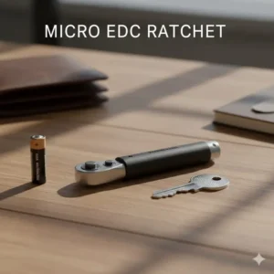 Side-by-side photo of a micro EDC ratchet next to a common household item, highlighting its small, pocketable size for convenient daily carry.