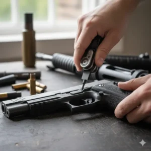 User demonstrates field stripping a pistol using the specialized screwdriver and punch features on the compact best gun multi tool.