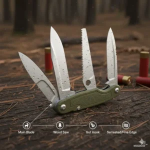 Comparison chart illustrating the different blade types found on the best hunting multi tool, including a gut hook and a serrated saw.