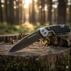 "Detail of a sharp, locking knife blade on a high-quality bushcraft multi tool, essential for carving and fine wilderness work."