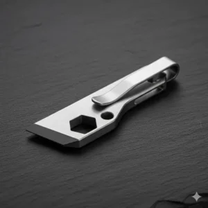 An angled shot of a small, minimalist EDC titanium pry bar with a pocket clip, emphasizing its utility as a versatile pocket companion.