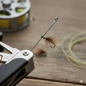 Detail view of the small needle, used as a fly fishing multi tool hook eye cleaner to quickly clear lacquer or debris.