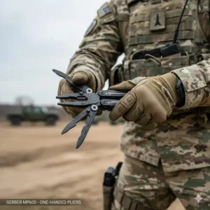 A soldier demonstrating the one-handed opening of the Gerber MP600 Multi-Plier, a durable military-grade multi-tool.