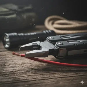 The heavy-duty pliers function of the military multi tool gripping a thick wire.