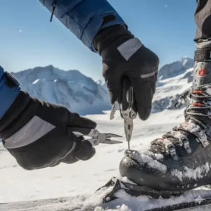 A mountaineer using the pliers or screwdriver component of their multipurpose tool for a mountaineer to quickly repair a broken ski binding or crampon on an icy slope.