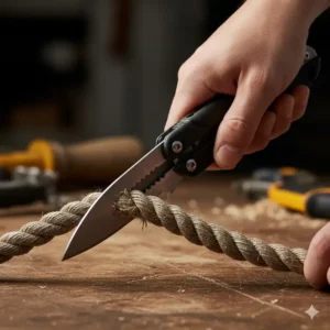 Hand using the multi tool with a utility blade to cleanly and easily cut a thick piece of nylon rope.