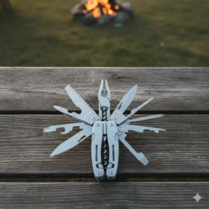 Overhead view of the multi tool with wine opener completely opened up, displaying all 15 different functions and blades.