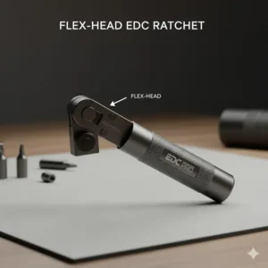Close-up of a flex-head EDC ratchet demonstrating the adjustable angle mechanism, essential for reaching screws and fasteners in awkward, confined spaces.