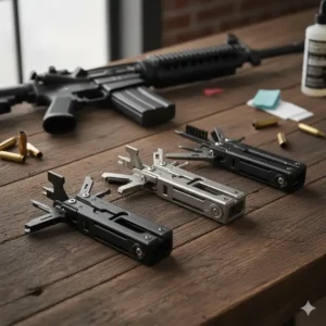 Comparison image showing three different models considered the best gun multi tool options for the AR-15 on a workbench.