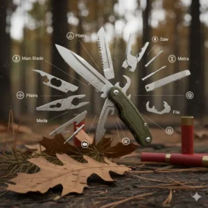 Exploded view diagram showing all the essential components of a best hunting multi tool, such as pliers, saw, file, and knife blade.