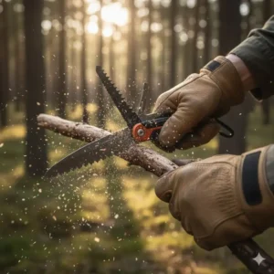 "Bushcraft enthusiast using the integrated wood saw of a bushcraft multi tool to cut a small branch for fire preparation."