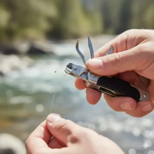Angler demonstrating the sharp, integrated line clipper feature on the fly fishing multi tool for trimming excess line.