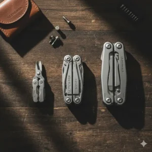 Side-by-side size comparison of a small, medium, and large everyday Leatherman multi-tool for easy portability assessment.