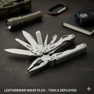 The versatile Leatherman Wave Plus with all its tools deployed, a popular choice for military and everyday carry.