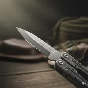 Sharp, partially serrated stainless steel knife blade extending from the military multi tool.