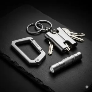 Various small titanium EDC tools—including a mini carabiner and key organizer—attached to a durable, lightweight titanium keychain.