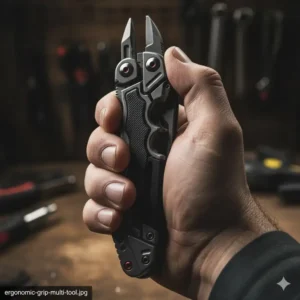 Detailed view of the non-slip, ergonomic grip of the multi tool with a utility blade, highlighting the handle design for safe use.