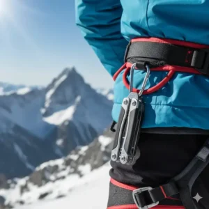 A shot of a lightweight multipurpose tool for a mountaineer clipped securely to a climber's harness or backpack, showing its accessibility and minimal bulk.