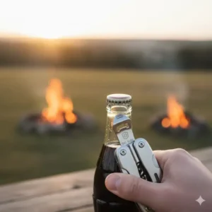 Detail view showing the integrated bottle opener and can opener on the compact multi tool with wine opener accessory.