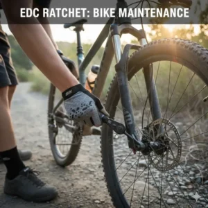 Person using a mini EDC ratchet on a bicycle, quickly adjusting a bolt during on-the-go bike maintenance and emergency repairs.