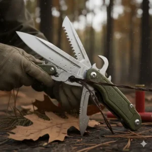 Heavy-duty pliers on a best hunting multi tool being used to efficiently cut thick snare wire or small bone while processing game.