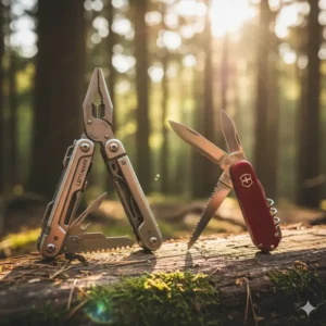 "Side-by-side comparison of a heavy-duty bushcraft multi tool like the Leatherman Surge and a lighter Victorinox Swiss Army Knife."