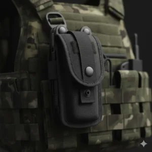 A military multi tool secured in its black Molle-compatible sheath on tactical gear.