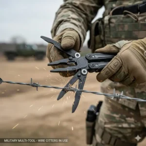 Detail shot showing the replaceable wire cutters on a high-quality military multi-tool in action.