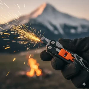 Detail shot of an innovative multipurpose tool for a mountaineer showing its integrated fire-starting ferro rod and emergency whistle, vital features for wilderness survival.