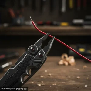 The needle-nose pliers component of the multi tool with a utility blade gripping and bending a thin metal wire.