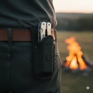 Image of the protective nylon sheath carrying the folded multi tool with wine opener, ready for easy belt attachment or pocket storage.