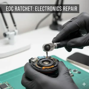 The small 4mm micro ratchet being used for precision work on delicate electronics, such as a camera or smartphone (Alt text adjusted to include core words and maintain flow).