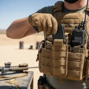 Best gun multi tool attached to a shooter's vest via a MOLLE sheath, highlighting its quick accessibility.