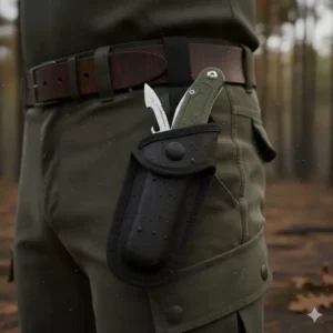 Image showing the compact nylon sheath carrying the best hunting multi tool securely attached to a hunter's belt or backpack strap.