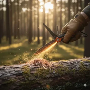 "The Leatherman Signal bushcraft multi tool ferro rod being used to create sparks for starting a survival fire."