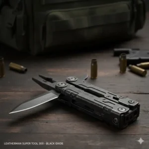 The rugged Leatherman Super Tool 300 in a black oxide finish, a dependable heavy-duty multitool for military personnel.