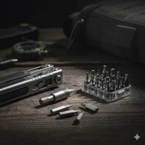 The various interchangeable screwdriver and hex bits included with the professional-grade military multi tool.