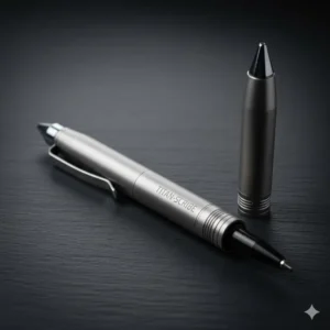 A practical and rugged titanium tactical pen, shown both capped and ready to write, demonstrating its dual function as a writing instrument and self-defense tool.