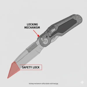 Diagram showing the safety locking mechanism that secures the multi tool with a utility blade in place when open.