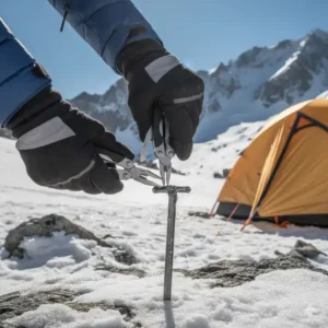 Strong visual of a multipurpose tool for a mountaineer's sturdy pliers being used for a difficult task, highlighting their utility for camp life or equipment field repairs.